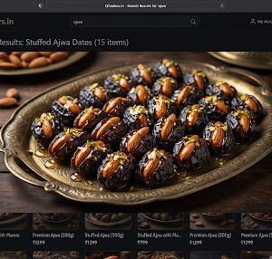 Stuffed gourmet Ajwa dates stuffed with whole Iranian Mamra almonds glazed with golden honey, on an authentic vintage brass tray