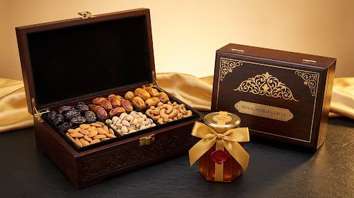 The Sultan's Grand Heirloom Hamper containing Medjool and Ajwa dates, premium nuts, and Sidr honey
