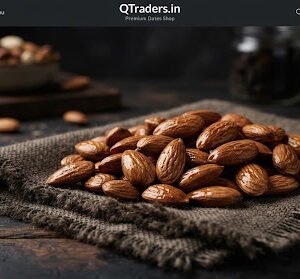Top grade Irani Mamra almonds displayed on raw linen napkin with golden natural oil sheen, dark moody background, high resolution food photography.