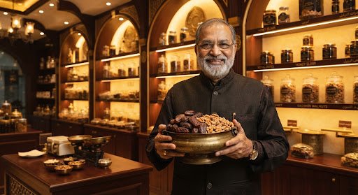 Warm portrait of the dignified elderly master dates and dry fruits merchant smiling inside a luxury heritage Arabian dry fruit boutique in Surat, holding a brass antique bowl filled with Medjool dates and peeled walnuts, with illuminated dark mahogany wood and gold shelves showcasing honey jars in the background in warm royal tones